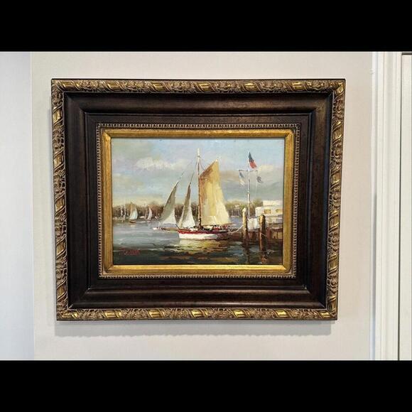 Oil on Canvas Painting Signed J.Norton Seascape Dock Framed Matted 26”x 21” - Picture 7 of 11